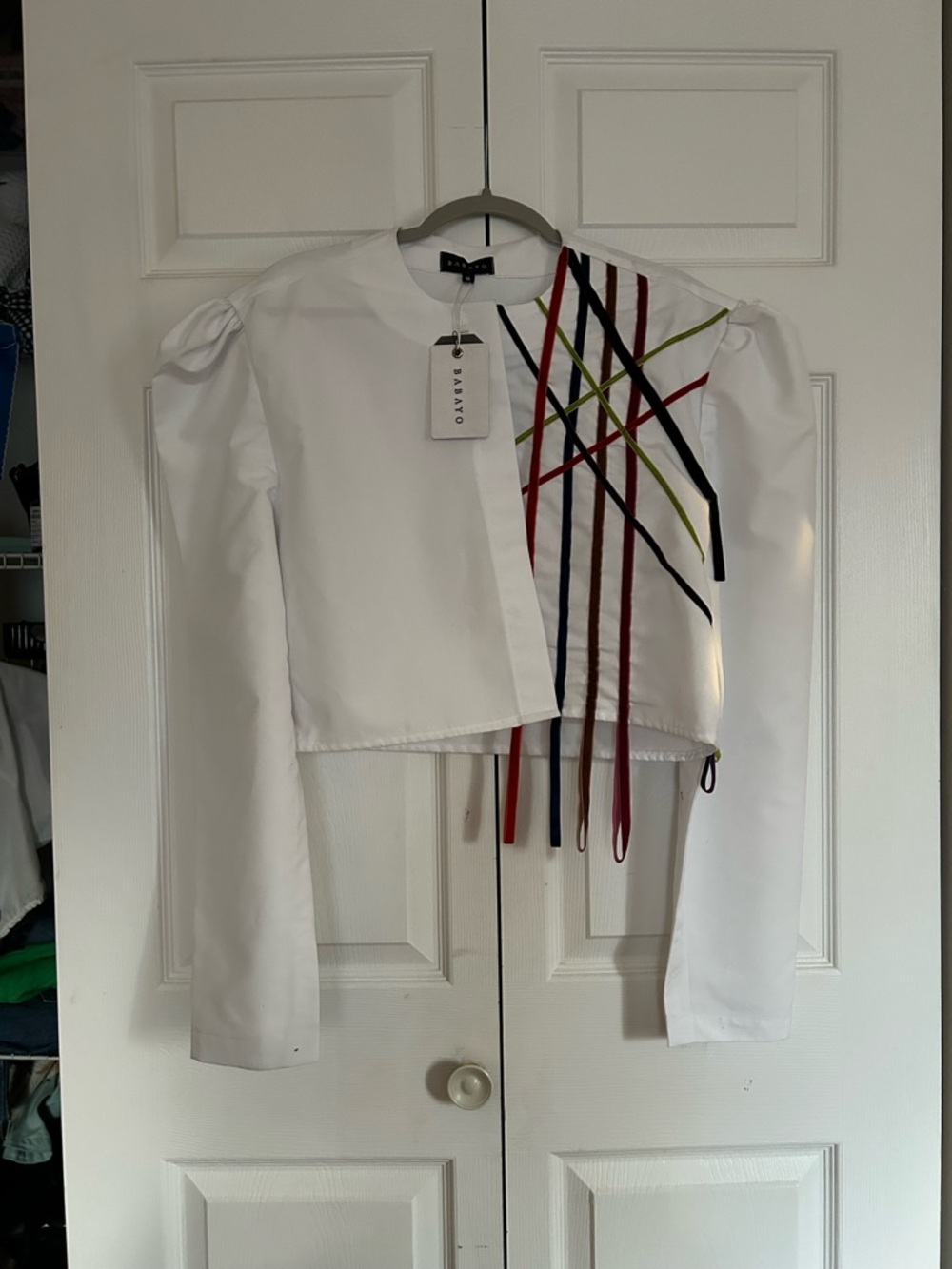 Babato White Long-Sleeve Cropped Blouse with Multicolor Ribbon Detail